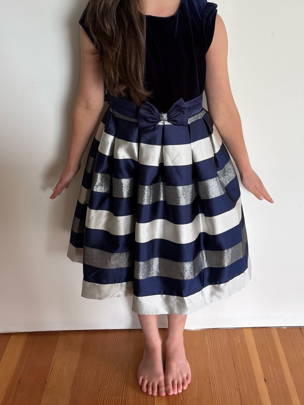 Jona Michelle Navy Blue, Silver & White Striped Formal Girls Dress